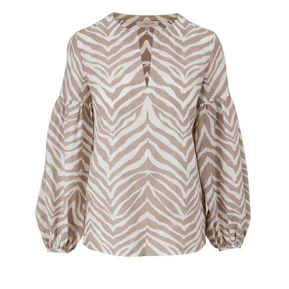 Lafayette 148 Elina Zebra Stripe Linen Blouse Taupe Multi Size XL - Picture 2 of 10